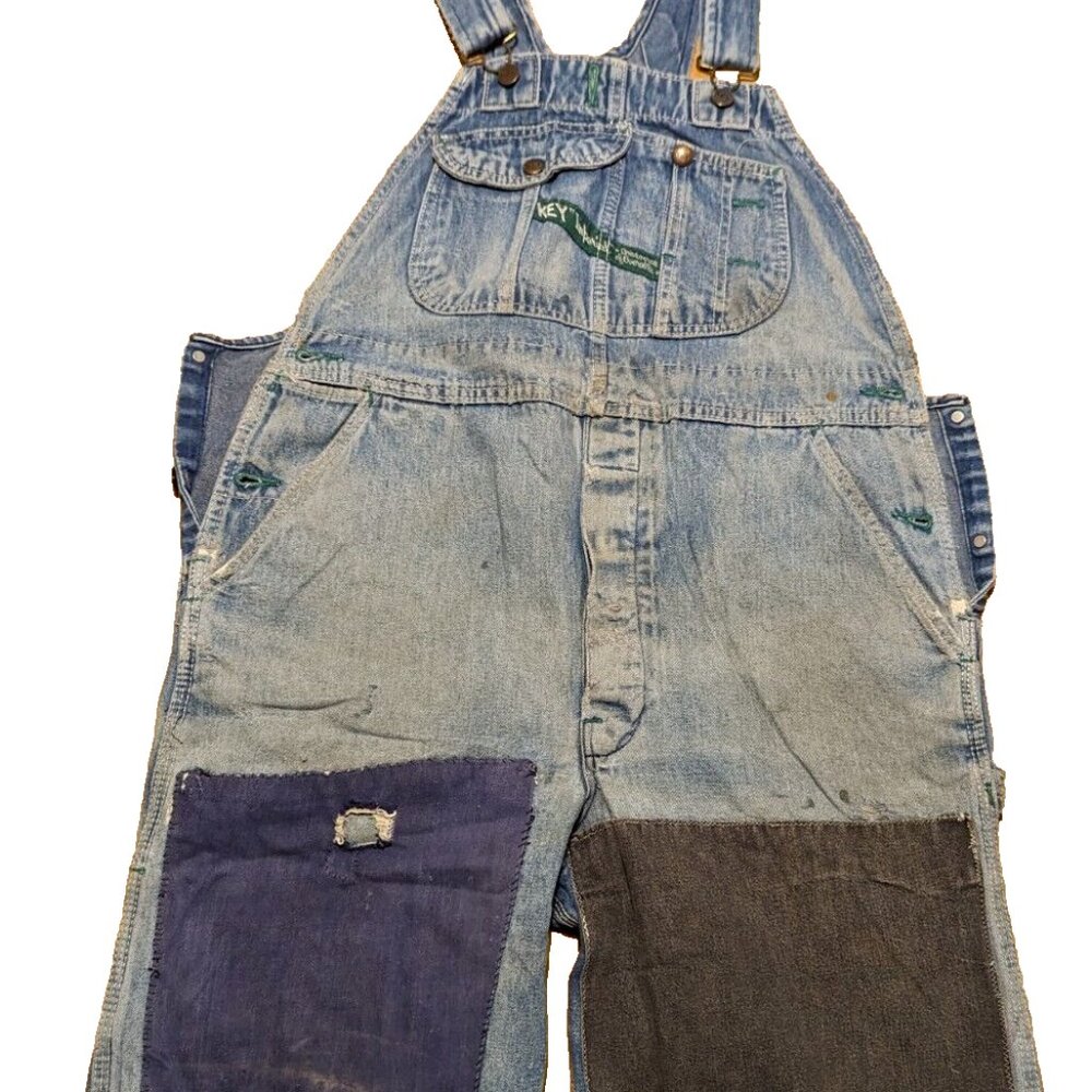 Vtg Key Imperial Bib Denim Blue Overalls Distressed Trashed Patched 38 x 28